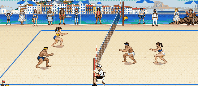Mediterranean Beach Volley: a match on the beach at Mykonos, windmills behind the crowd